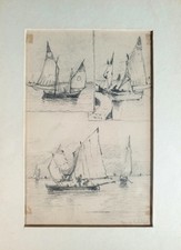 Kleine alte maritme Bleistiftzeichnung unter Glas - aus einer Galerieauflösung