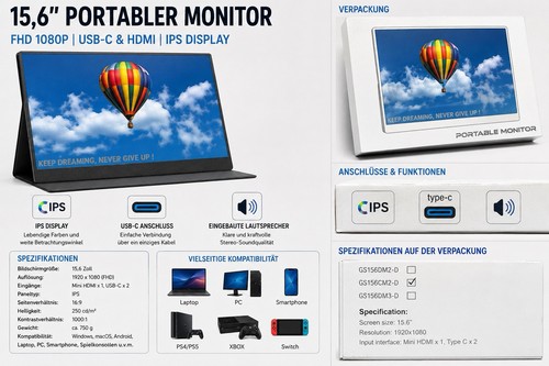 Zoll tragbarer monitor - 15,6,