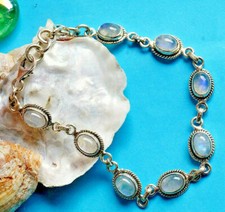 Silber Armband 18 19 - 21 cm Mondstein Handarbeit Weiß Blau Vintage Modern Stein