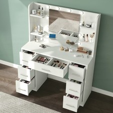 Modern Schminktisch mit Spiegel und LED-Leuchten, Kommode mit 7 Schubladen, Weiß