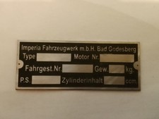 Typenschild Imperia Motorrad