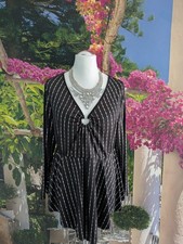 NEU: Elegante Schößchen-Tunika, schwarz m. silberfarb. Muster + Strassherz, XL 