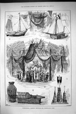 Antiker alter Druck 1883 Internationale Fischereiausstellung Niederländischer Hof