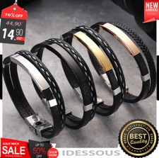 Lederarmband Herren Schwarz Edelstahl Männer Armband Silber geflochten Damen