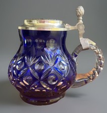 Bierkrug Blau Schliffglas Zinndeckel Bayern-Wappen, Krug Vintage Überfang Top 