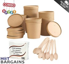 100 x Einweg Suppenbecher mit Deckel + 100 Holzlöffel + 100 Papierservietten