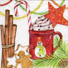 3 Servietten ~ Weihnachten, Heißes Getränk, Zimtstangen, Lebkuchen, Tasse ~33x33
