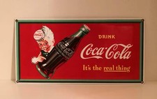 Coca Cola Emailleschild, ""Drink Coca Cola, It's the real thing", ca.41x21 ,Deko