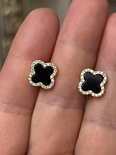 Lüxus Ohrringe Silber 925 Schwarz ONYX Kleeblatt Gold Pl Ohrstecker Gold 585 pl