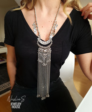 Lange Boho Statement Halskette Silber Quasten – Tribal Ethno Gothic Mittelalter
