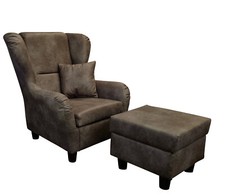 Ohrensessel mit Hocker Landhaus Polster-TV-Lesesessel Lederoptik Vintage Braun