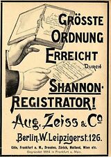 Aug.Zeiss & Co. Berlin SHANNON-REGISTRATOR Historische Reklame von 1899