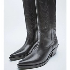 Zara black leather cowboy boots embroidery