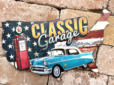Blechschild US Car Garage 50 cm Deko USA Oldtimer V8 Chevy Bel Air Gas Pump neu