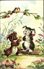 Ak Singende Tiere, Wiese, Blumen, Vögel, Kirschen - 3568773