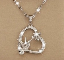 Kupfer Synthetischer Zirkonia Kolibri Blumenherz Anhänger Halskette Strass Damen