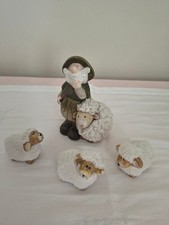 Figuren Keramik Schäfer mit Schaf  + 3 wollige Schafe bis 12 cm hoch