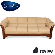 Stressless Oslo Leder Holz Viersitzer Beige Creme Braun Sofa Couch
