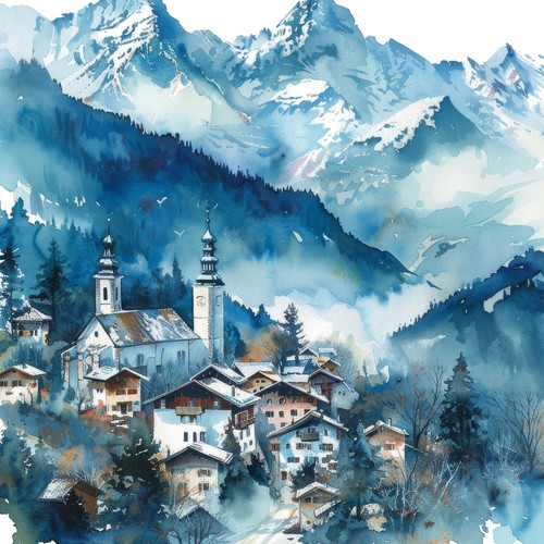 Wandbild dorf berge alpen - dorf,