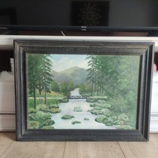 Dachbodenfund Ölbild / Acrylbild (?) Landschaft mit Holzrahmen 