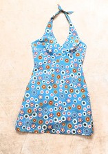 Wende-Neckholderkleid Gr. XS Sommerkleid hellblauer Blumendruck / gelb gestreift