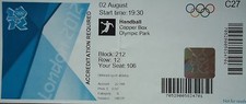 Eintrittskarte Olympia 2.8.2012 Men's Handball Handball Serbien - Dänemark C27
