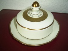 Königszelt/Charlotte?-elfenbeinfarben-runde Butterdose m. Goldrand-Goldknauf-top