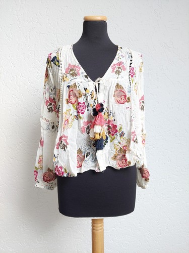 Weiß bunt blumen bommel bluse - weiß,