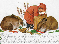 126/459 AK  WICHTEL  ZWERG  KANINCHEN  HASEN FÜTTERUNG  WINTERSNOT sign. CARUS