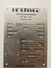 Blechschild, DDR Textima, Maschinenschild Nr. 45928  Baujahr 1981