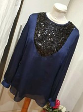 Satin Bluse 40 42 M L Tunika hemd Tülleinsatz Glitzer Pailletten Langarm Seide