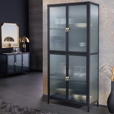 Moderne Vitrine AMSTERDAM 180cm schwarz gold Riffelglas Metall Highboard Schrank