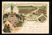 Lithographie Bingerbrück, Nationaldenkmal, Burg Rheinstein, Mäusethurm und Orts 