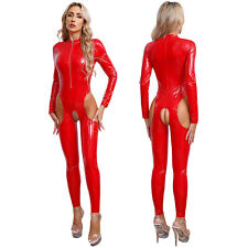 DE ranrann Damen Lack Leder Jumpsuit Bodysuit Body Offen Schritt Wetlook Dessous