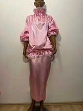 Beautiful 2teiliger Nylon Satin Negligee Humpelkleid Bluse+Rock ROSA XL-XXXL