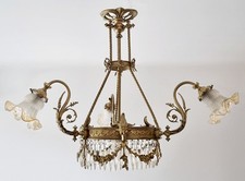 Gründerzeit Deckenlampe aus Bronze mit Kristallpendeln & vier Schirmen - um 1890