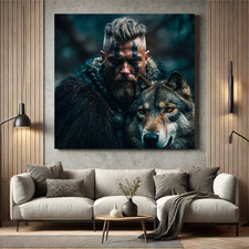 Wikinger mit Wolf Poster Leinwand – Nordisch Krieger Tier Wandbild Fantasy Deko