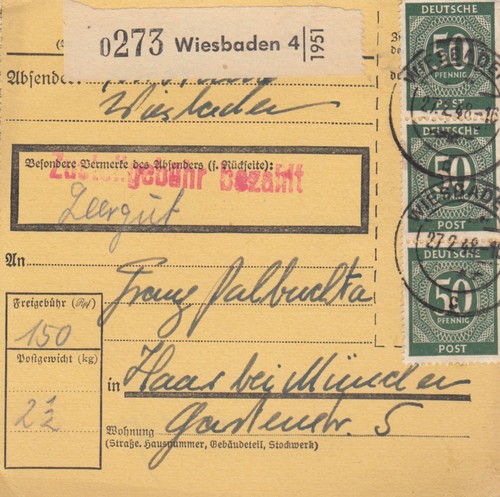 Paketkarte 1948 wiesbaden - 1948:,