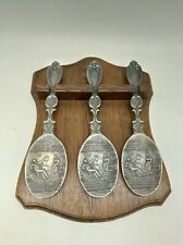 Frieling Zinn 3 Löffel mit Holz Halterung Verziert alt sammler vintage 1851