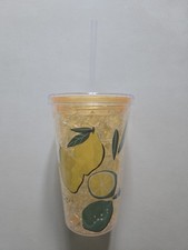 Trinkbecher,Hart-Kunststoff "Lemon Zitrone Eis Optik"+Trinkhalm Schraubverschluß