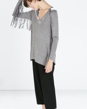 Pullover Tunika Longsleeve Shirt von Zara Grau Fransen Gr. M Neu