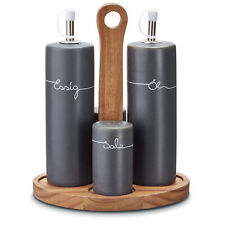 Menage Set Salz Pfeffer Öl Essig Grau Steingut Keramik Holz Öl- & Essiggiesser