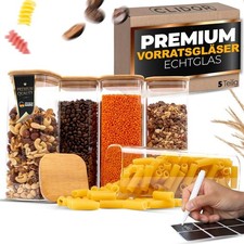 CLIDOR Vorratsgläser 5er Set  Vorratsdose Glas mit Bambusdeckel eckig Vorräte