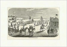 Die berliner Rennbahn bei Tempelhof Pferde Jockeys Wettrennen Holzstich E 5515