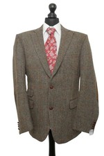 Harris Tweed Tom Rusborg Sakko 54 grün beige Fischgrat 2-Knopf Patches Neu