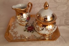 Zuckerdose + Milchkännchen auf Tablett, Kleiber, Handarbeit, Goldauflage