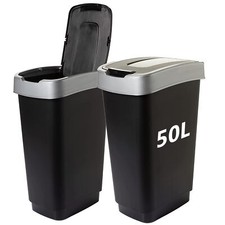 2er Set Abfalleimer 50l schwarz  2 x 50l - Müll Eimer Sammler Trenner mit Deckel