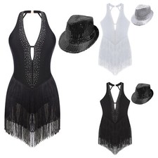 DE Damen Latein Tanzkleid Glitzer Mütze Strass Fransen Ballsaal Chacha Salsa 