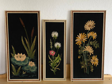 3 Gobelin Stickbilder mit Holzrahmen - Stillleben Blumen, Rohrkolben, Seerosen