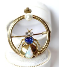 Antike grosse Art Deco Brosche Fliege 585 Gelbgold Saphir-Opal-Diamanten B4261